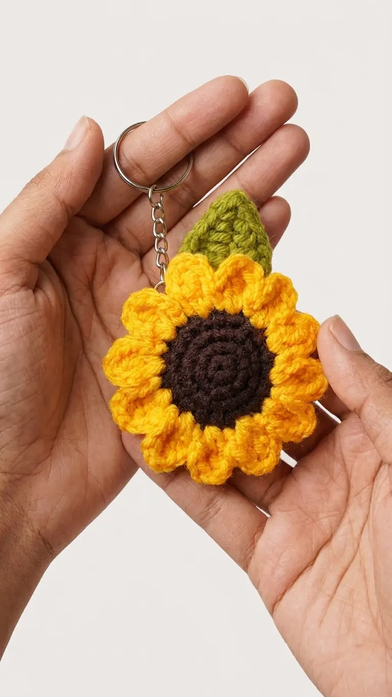 Sunflower Crochet Flower Keychain front view