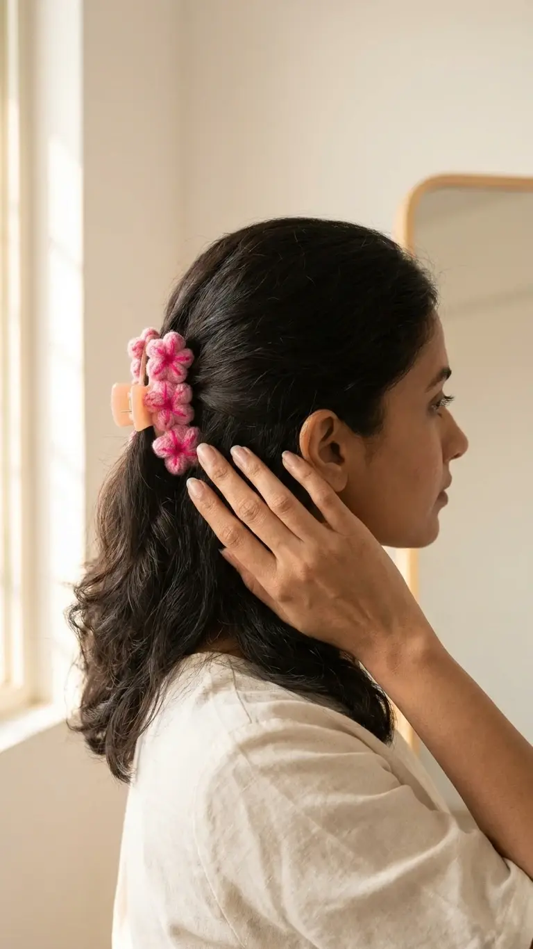 Crochet Pink Flower Hair Claw Clip