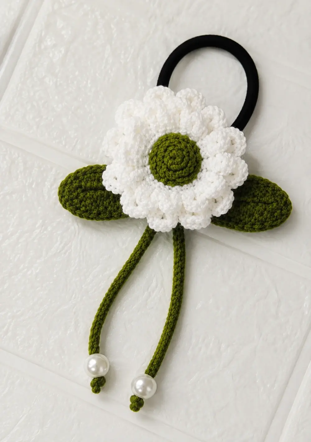 Crochet Daisy Hair Tie with Pearl Tassels