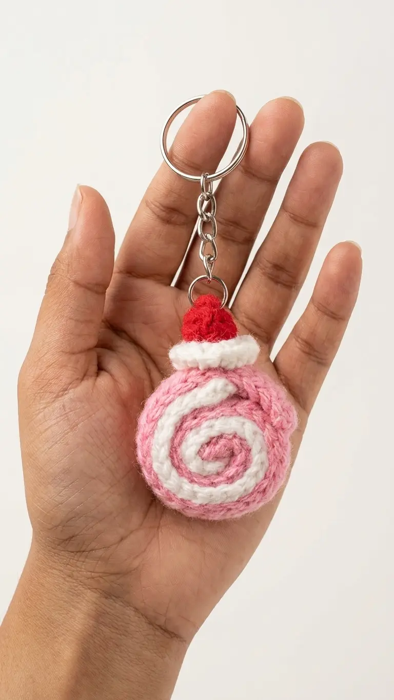 Raspberry Roll Crochet Keychain - Pink