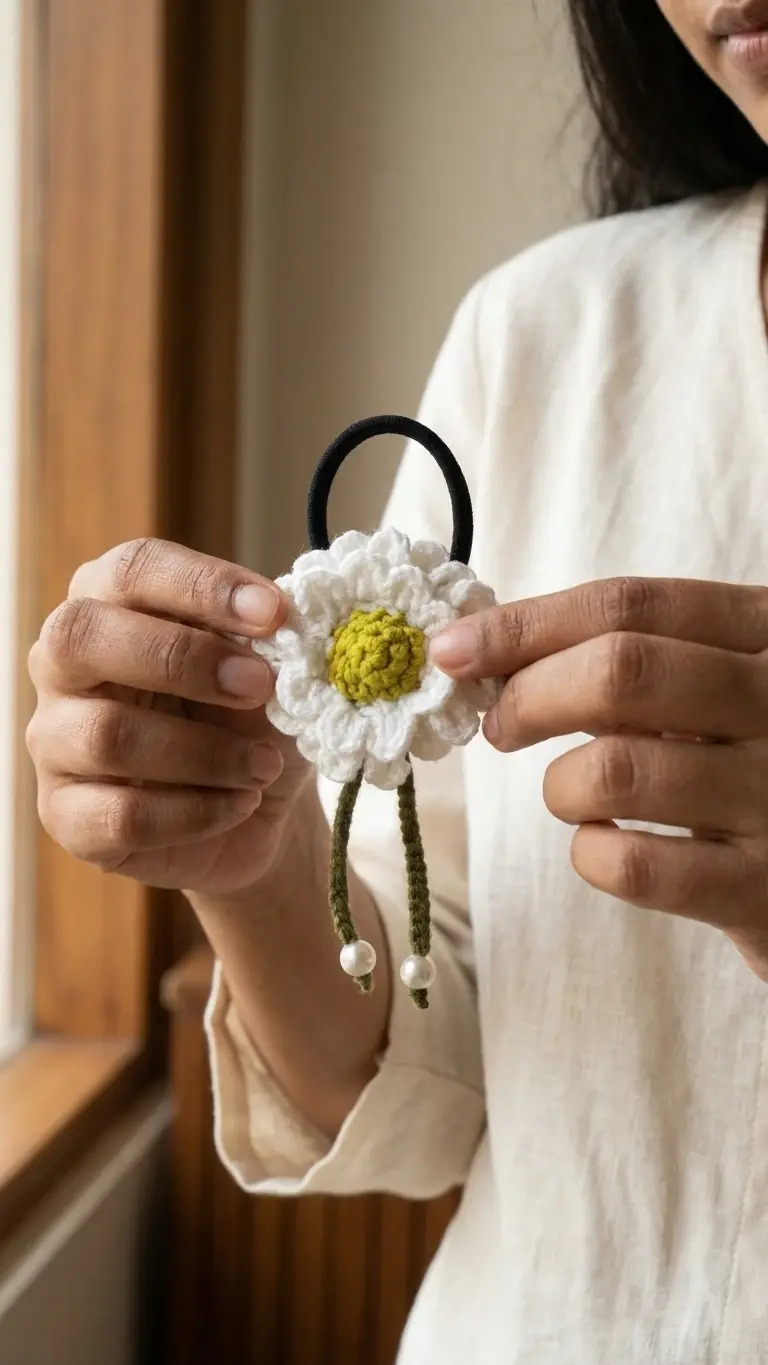 Crochet Daisy Hair Tie with Pearl Tassels