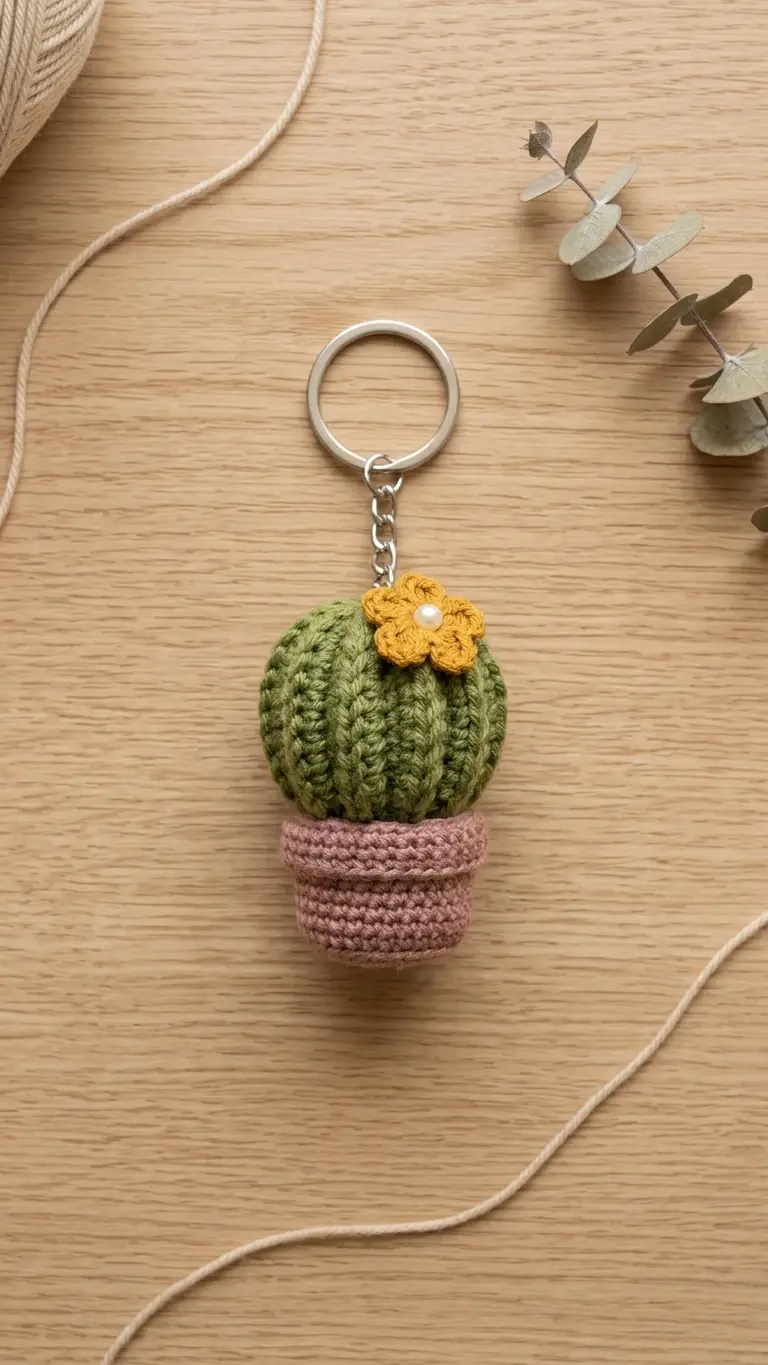 Cactus Crochet Plant Keychain front view
