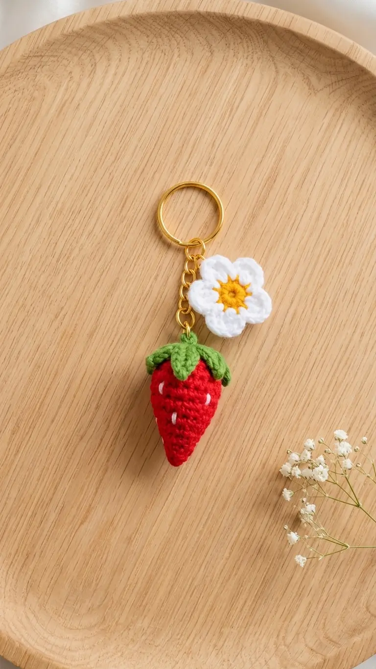 Cute Strawberry & Daisy Crochet Keychain front view