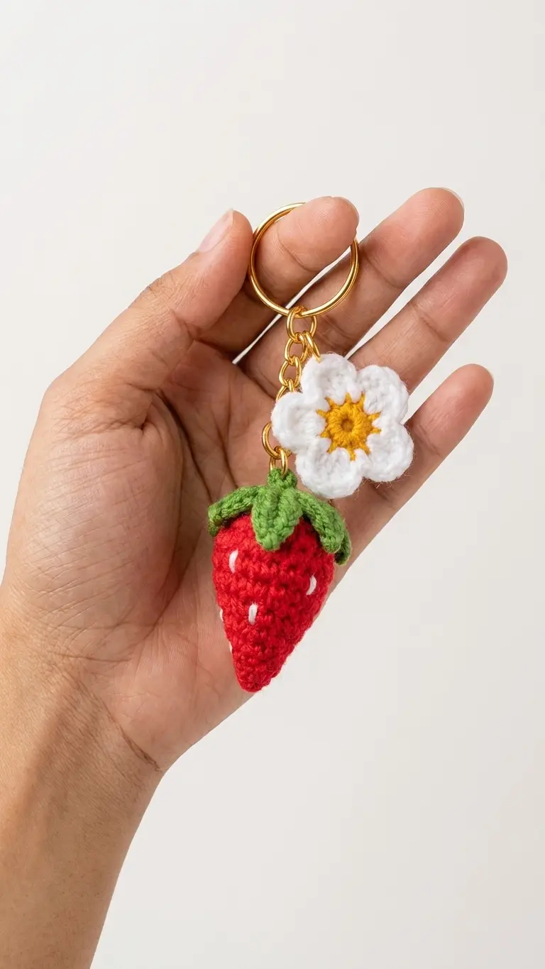 Cute Strawberry & Daisy Crochet Keychain side profile