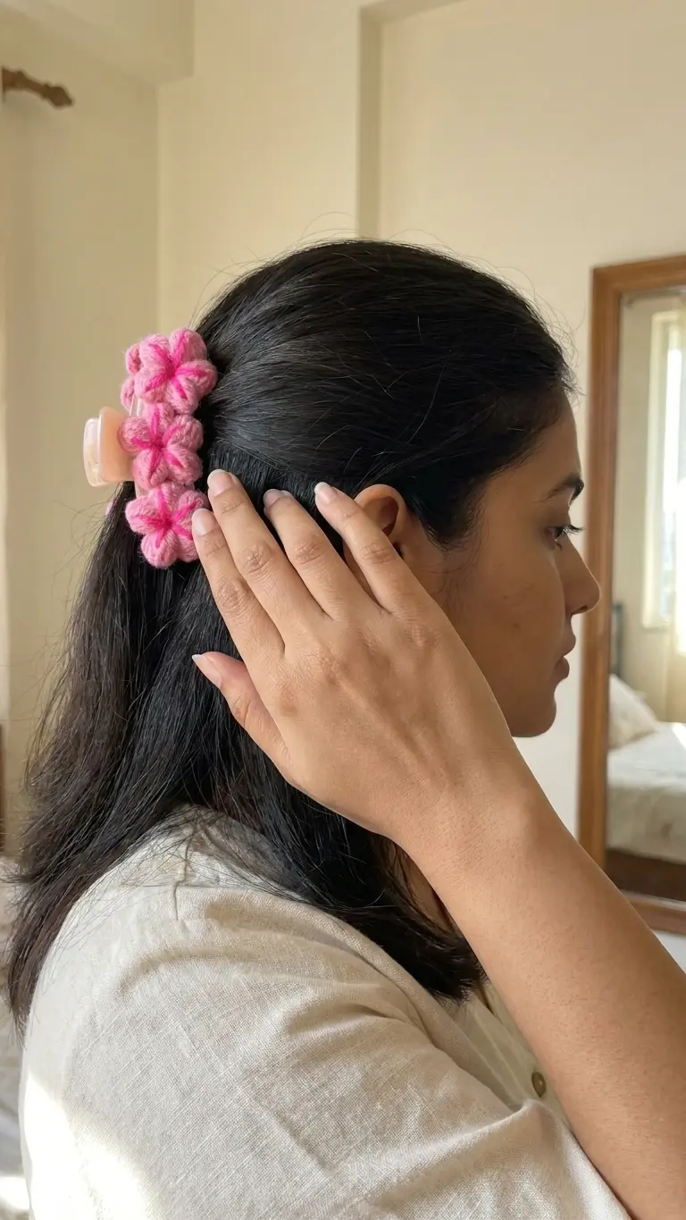 Crochet Pink Flower Hair Claw Clip