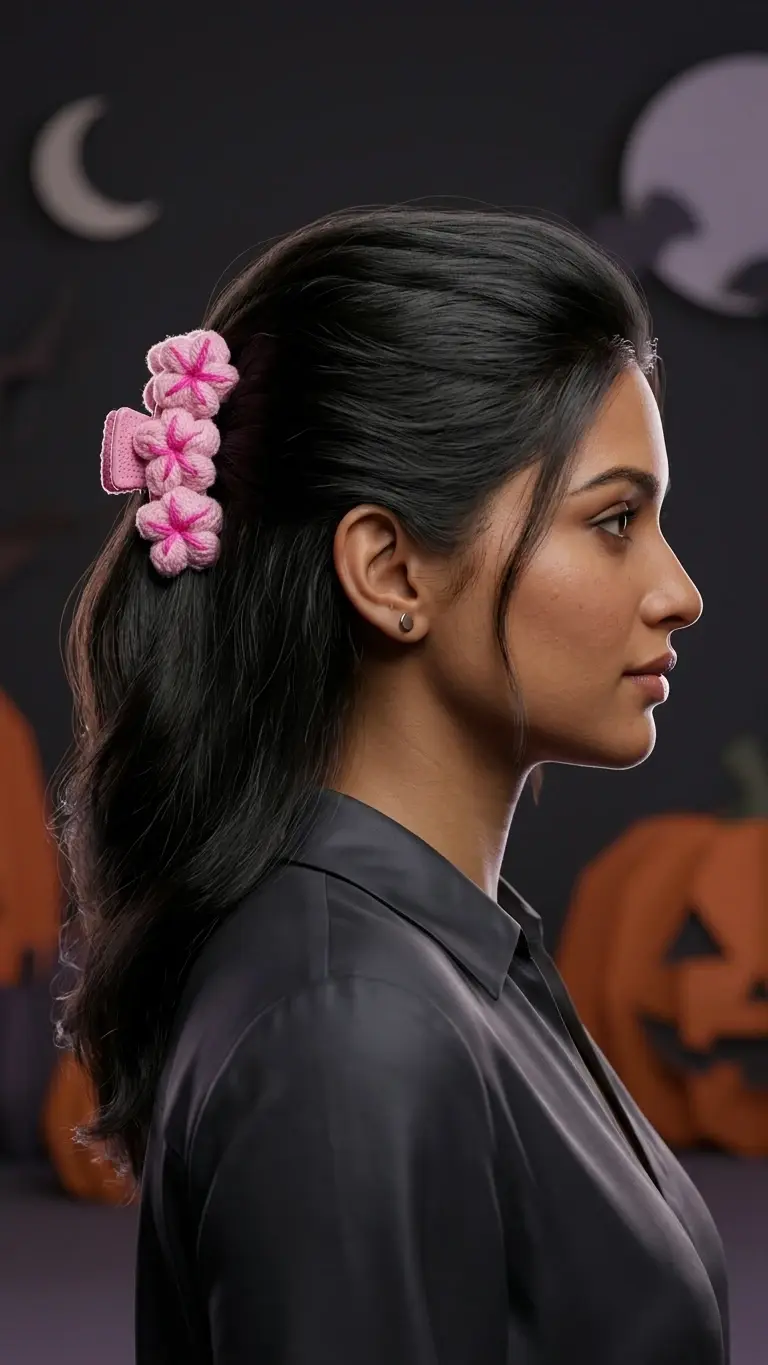 Crochet Pink Flower Hair Claw Clip