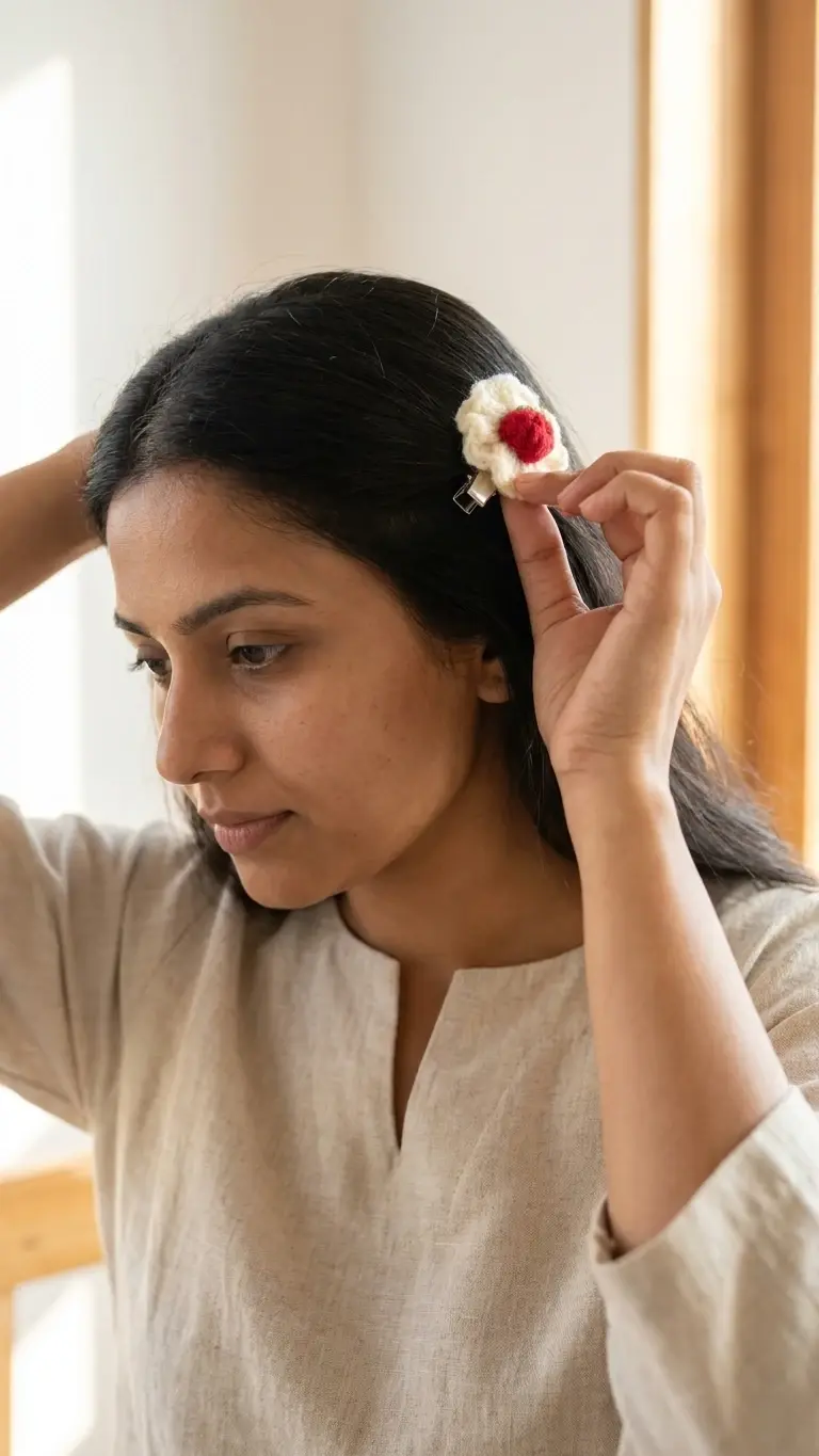 Handmade Crochet Daisy Flower Hair Clip front view