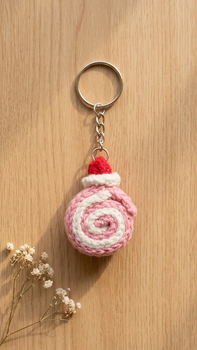 Raspberry Roll Crochet Keychain - Pink