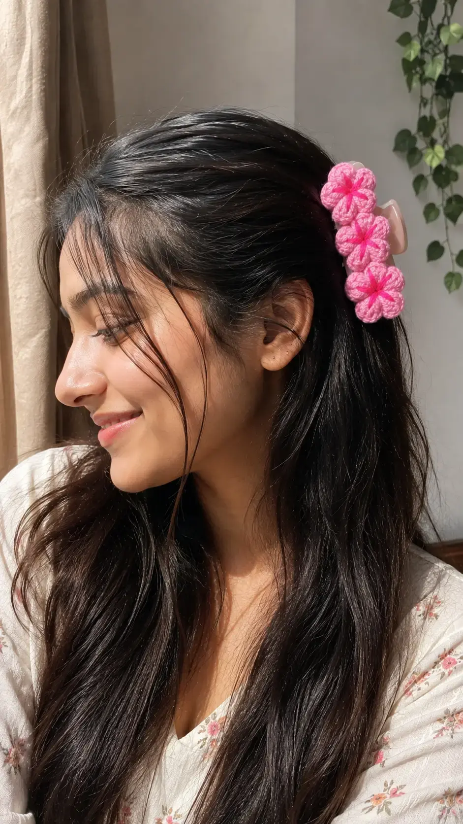 Crochet Pink Flower Hair Claw Clip