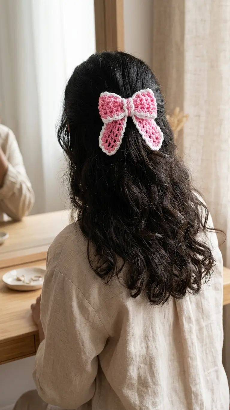 Handmade Crochet Bow Hair Clip side profile