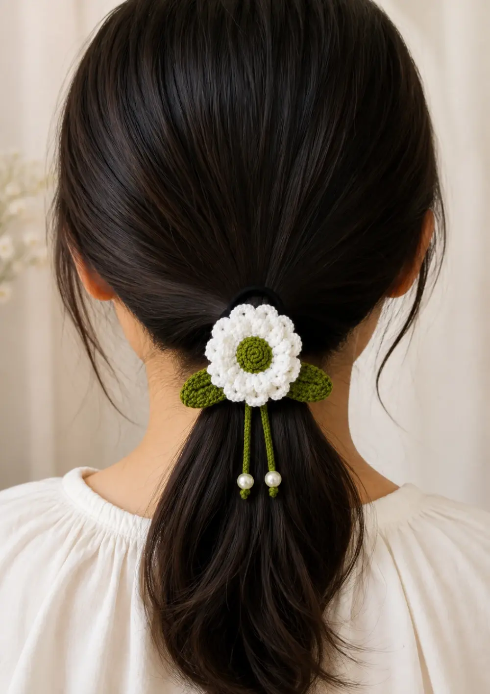 Crochet Daisy Hair Tie with Pearl Tassels
