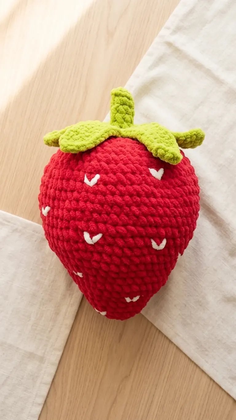 Handmade Crochet Strawberry Plush Pillow front view