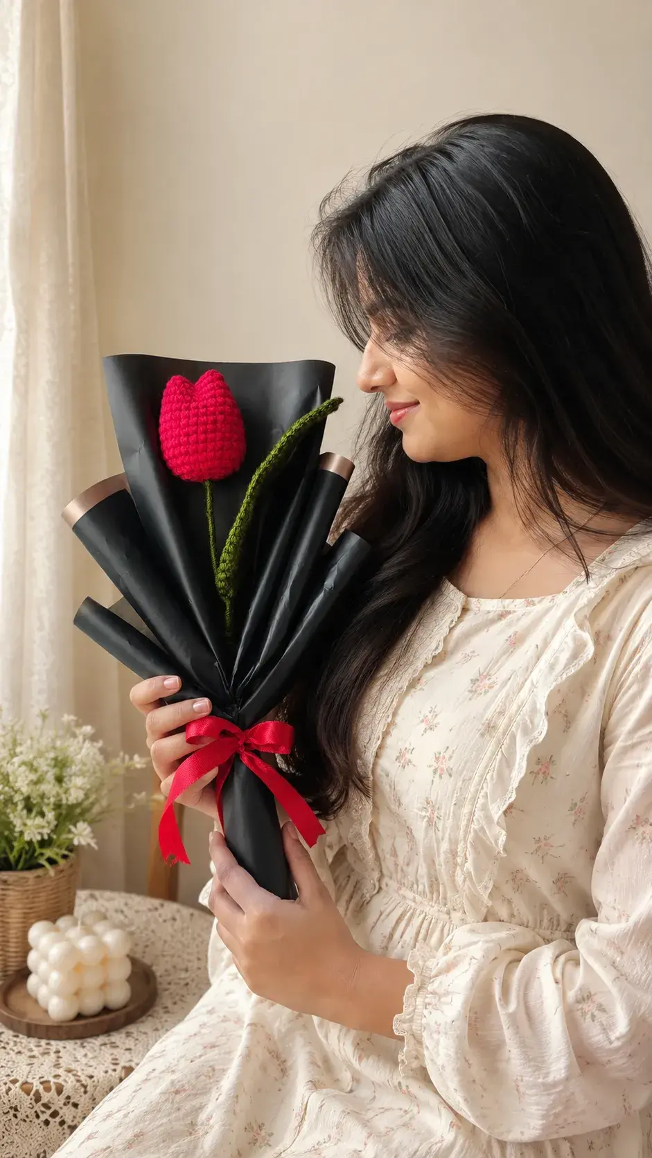 Handmade Crochet Tulip Bouquet – Red Pink Tulip