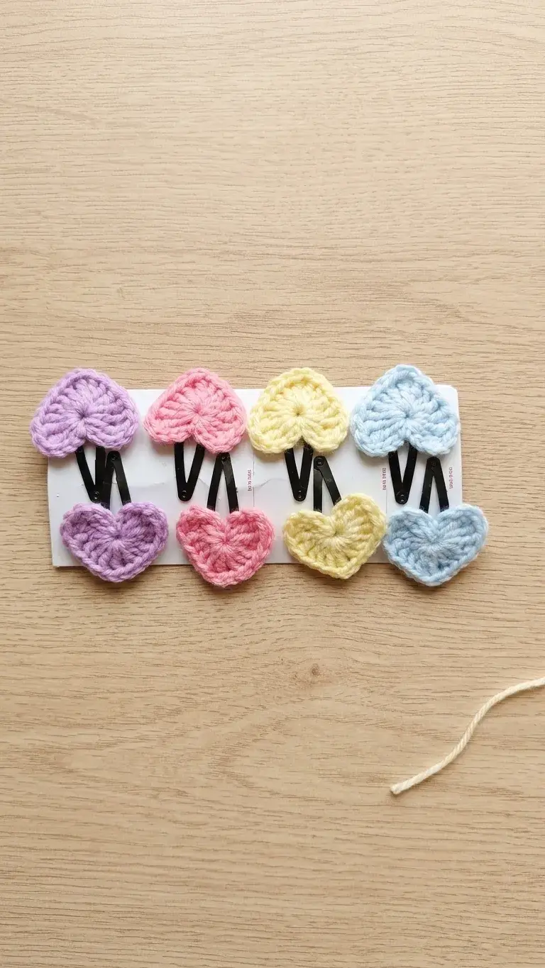 Handmade Crochet Heart Hair Clips (Set of 8) front view