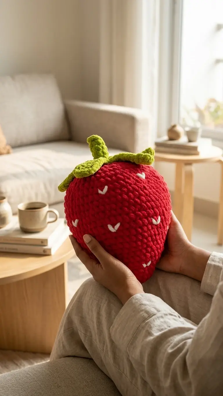 Handmade Crochet Strawberry Plush Pillow side profile